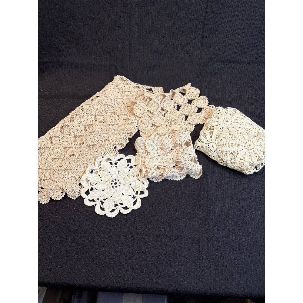 Vintage Handmade Crochet Doily Lot of 5 Beige Cotton Blend Table Linens